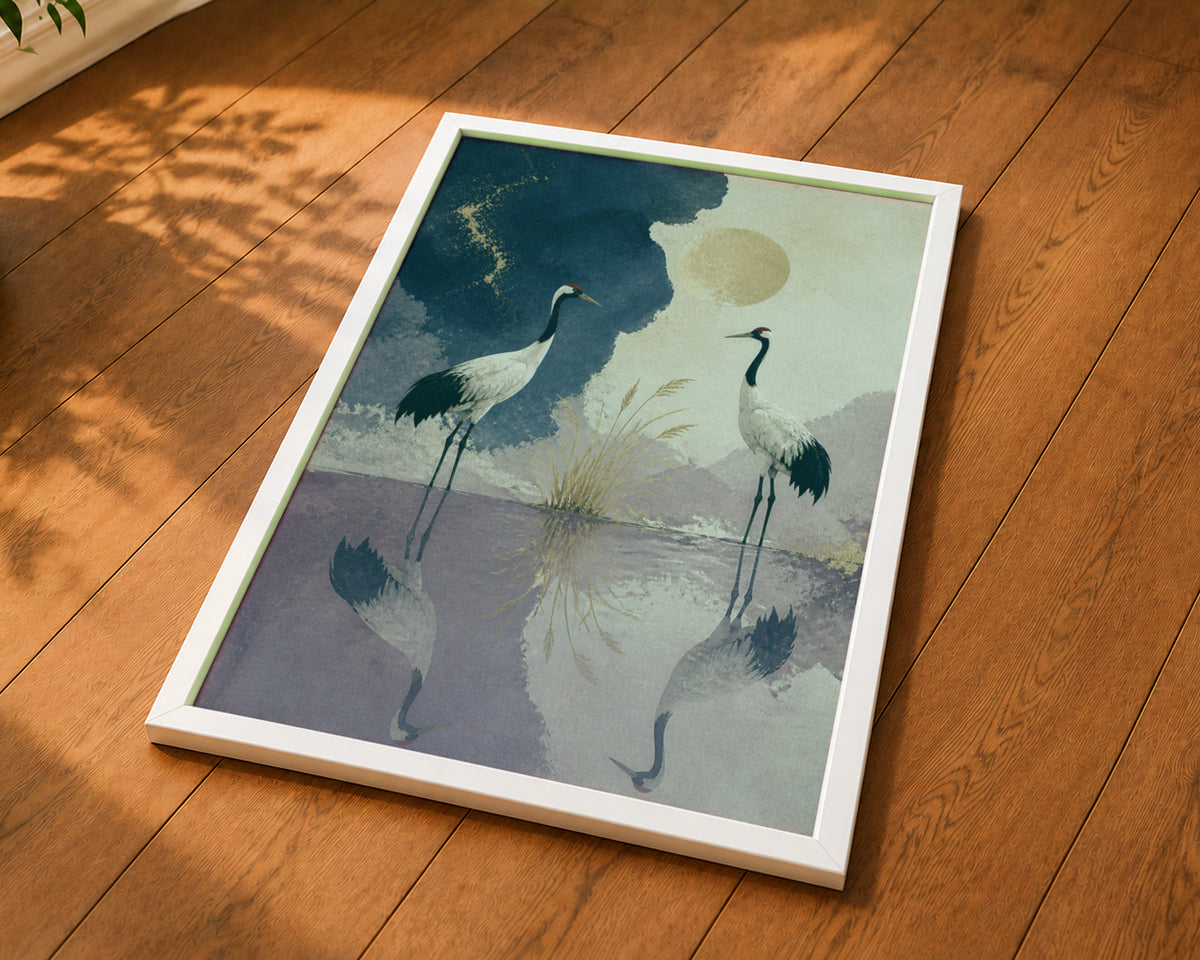 Crane Reflection – Serene Crane Waterscape Art Print