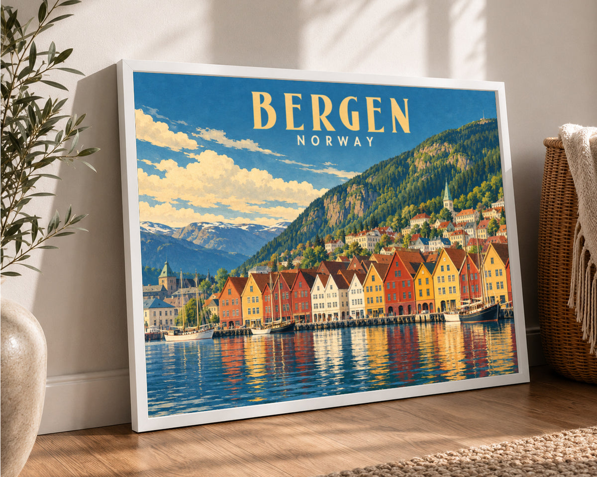 Bergen Harbour Skyline – Vintage Travel Poster Art Print