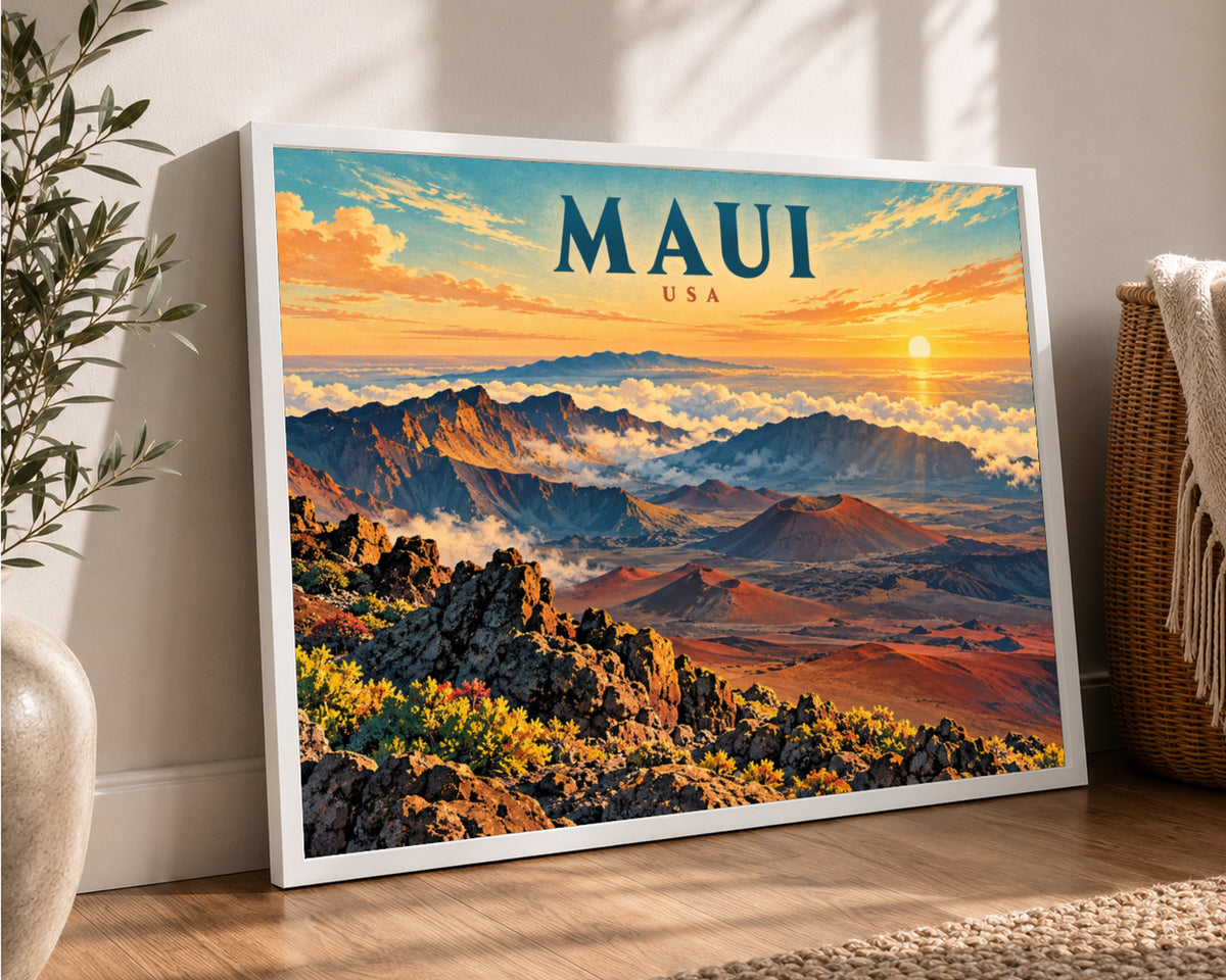 Maui Sunrise Landscape – Vibrant Travel-Poster-Style Maui USA Wall Art