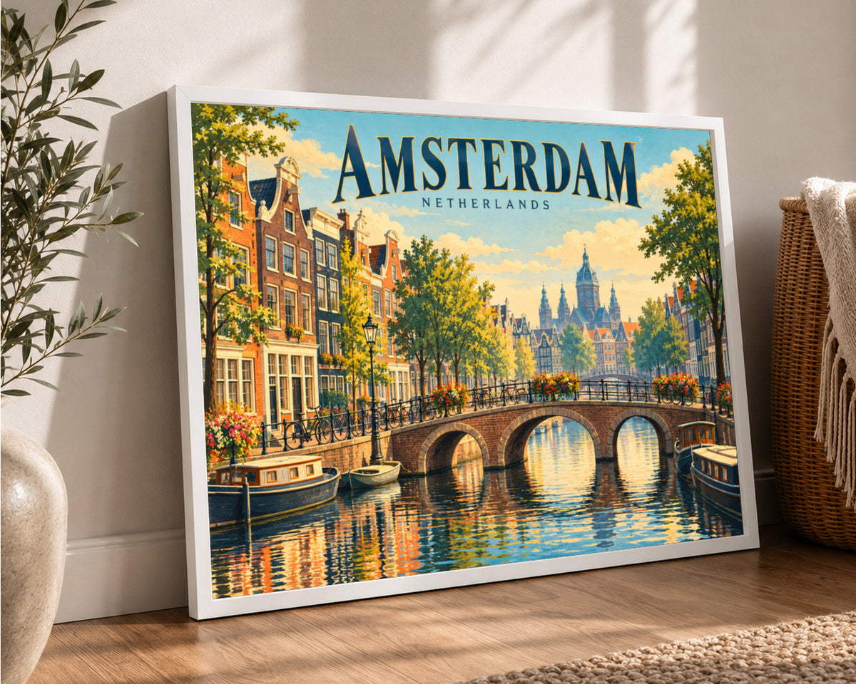Amsterdam Canal Bridge – Retro Travel Wall Art