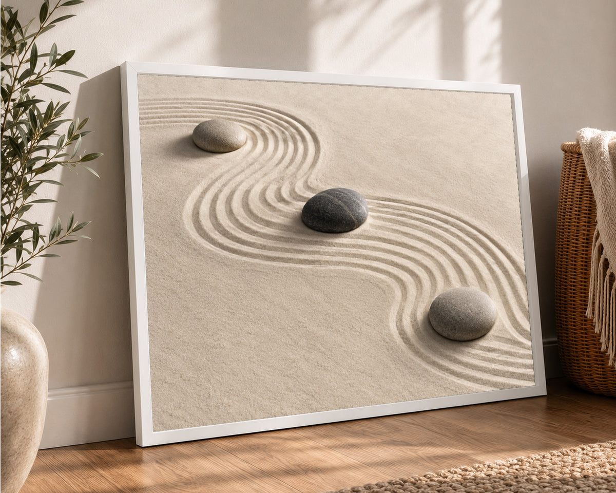 Zen Sand Ripples with Stones – Minimalist Calm Wall Art