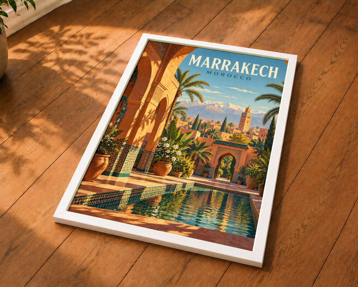 Marrakech Courtyard Pool – Retro Travel Poster Wall Art