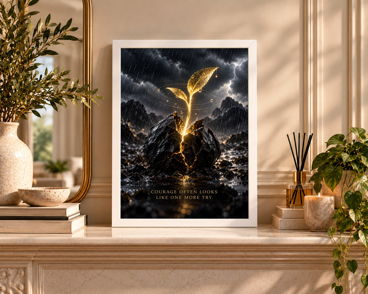 Golden Sprout in the Storm – Courage Often Looks Like One More Try Art Print