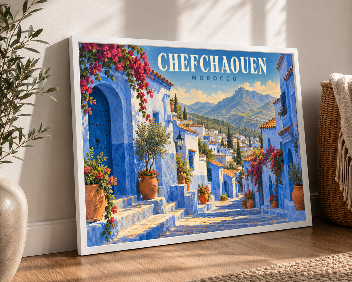 Chefchaouen Morocco Blue Street – Vintage Travel Poster Art Print