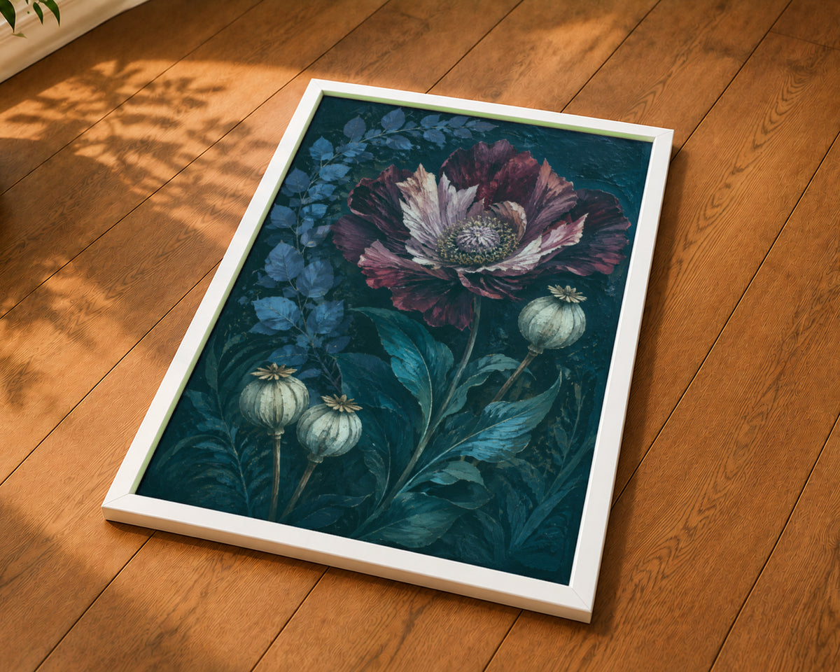 Crimson Bloom with Seed Pods – Dramatic Botanical Art Print