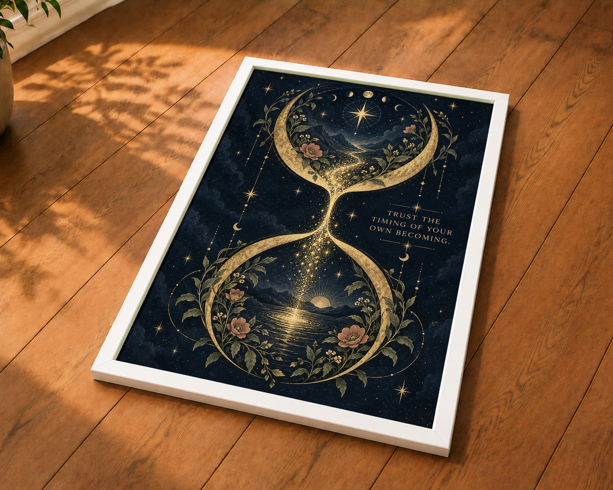 Trust the Timing of Your Own Becoming – Celestial Hourglass Art Print