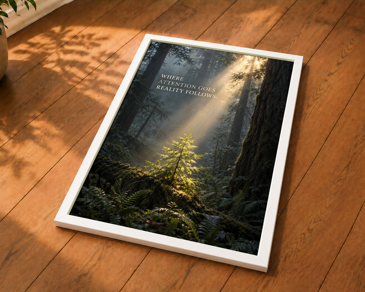 Where Attention Goes Reality Follows – Forest Sunbeam Poster