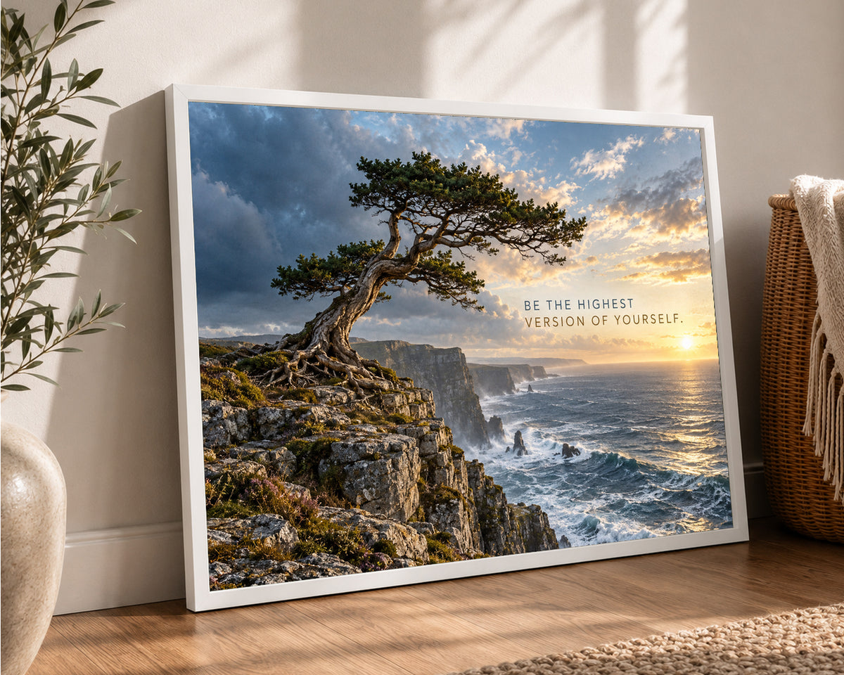 Coastal Tree at Sunset – Inspirational Ocean Landscape Art Print