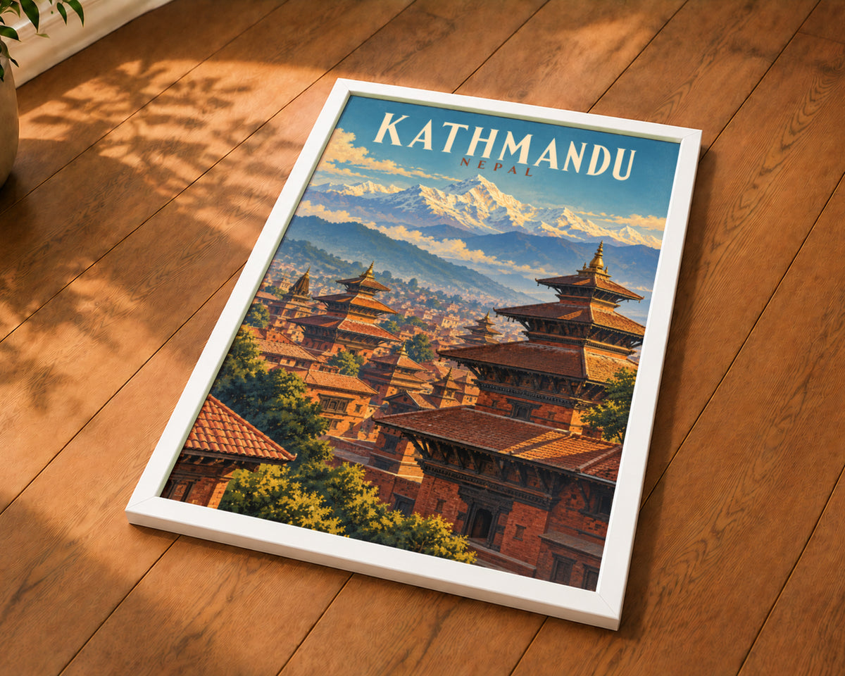 Kathmandu Nepal Mountain Cityscape – Vintage Himalayan Travel Art Poster