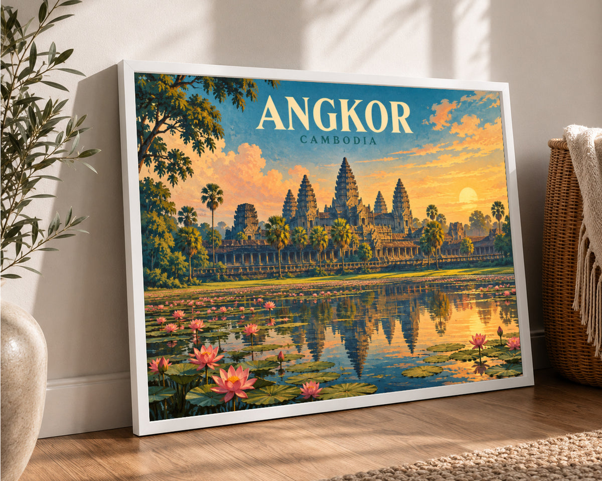 Angkor Cambodia Sunset – Vintage Travel Poster Wall Art