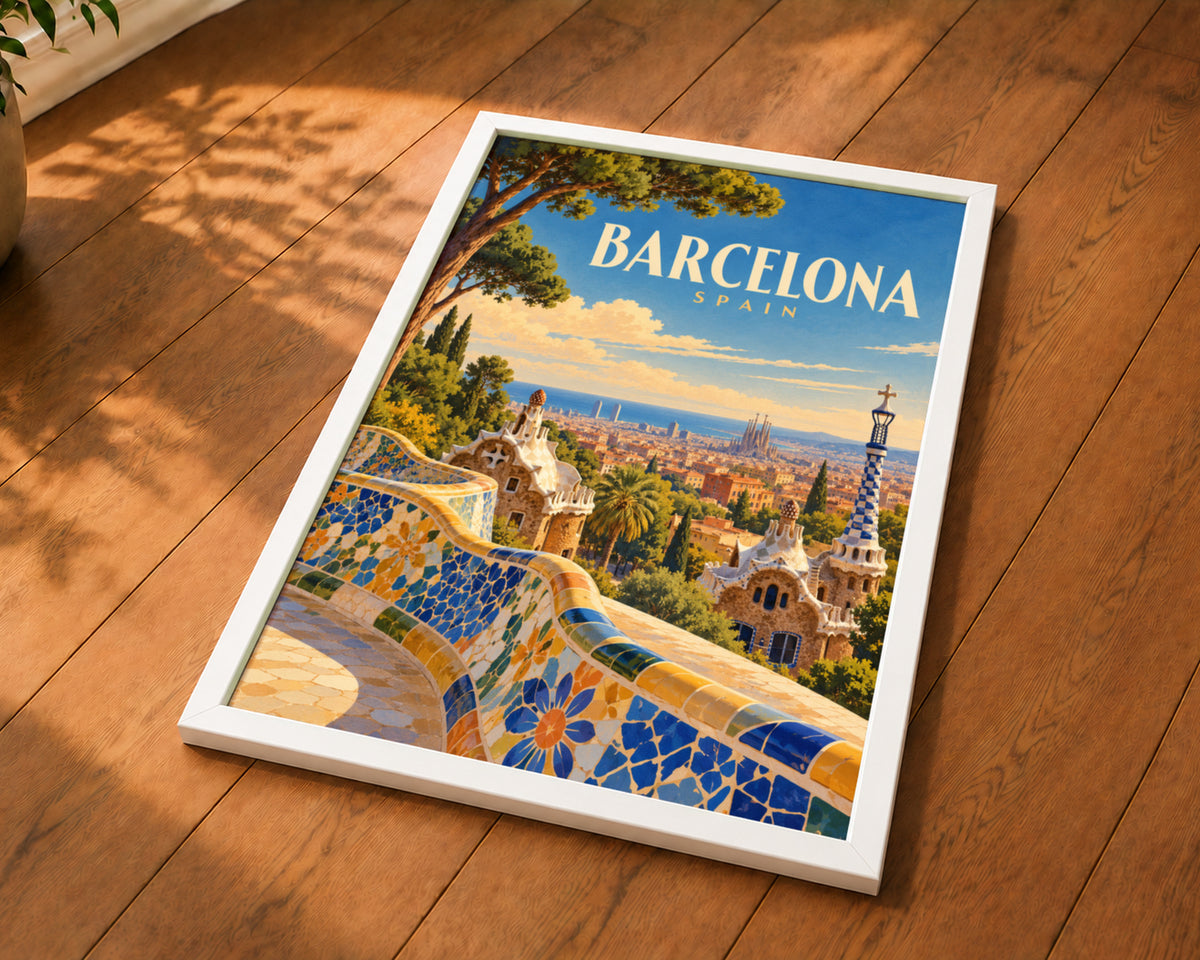 Barcelona Skyline Poster – Retro Travel Cityscape Art Print