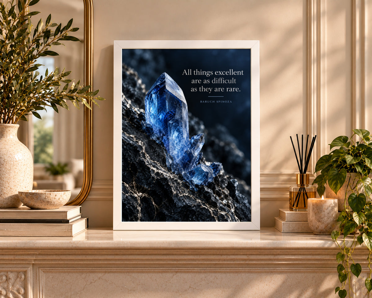 Blue Crystal Poster – Baruch Spinoza Quote Inspirational Art Print