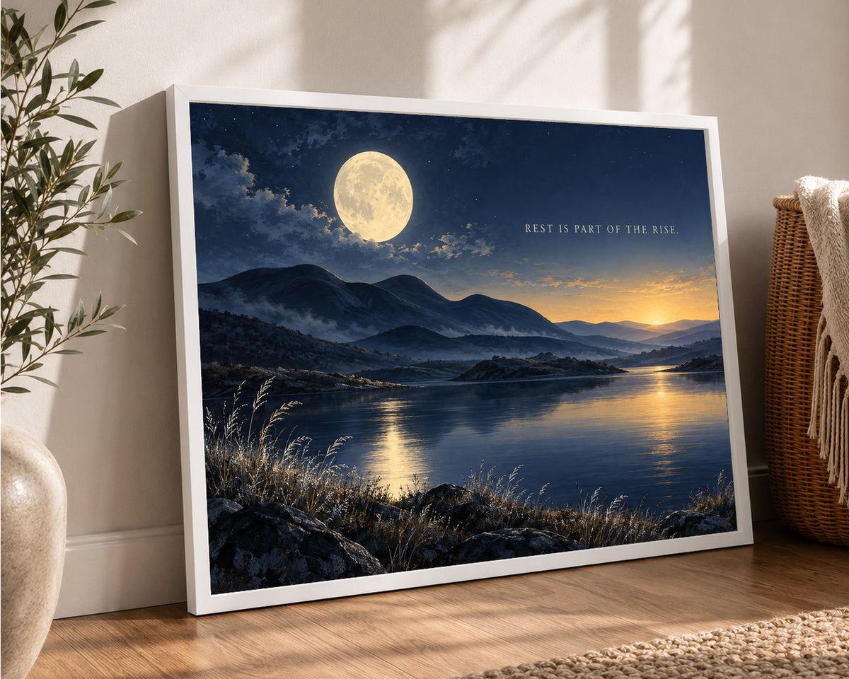 Rest Is Part of the Rise – Moonlit Mountain Lake Quote Art Print