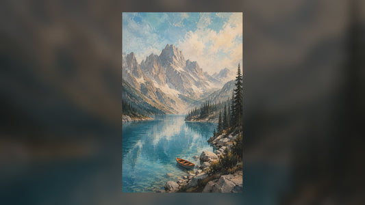 Alpine Lake and Rowboat – Serene Mountain Landscape Art Print