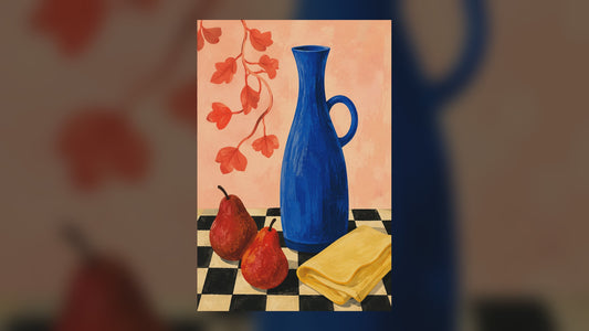 Blue Vase with Pears and Red Leaves – Still Life Wall Art